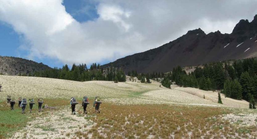 a group of backpacking students hike across a grassy alpine meadow on an expedition in oregon